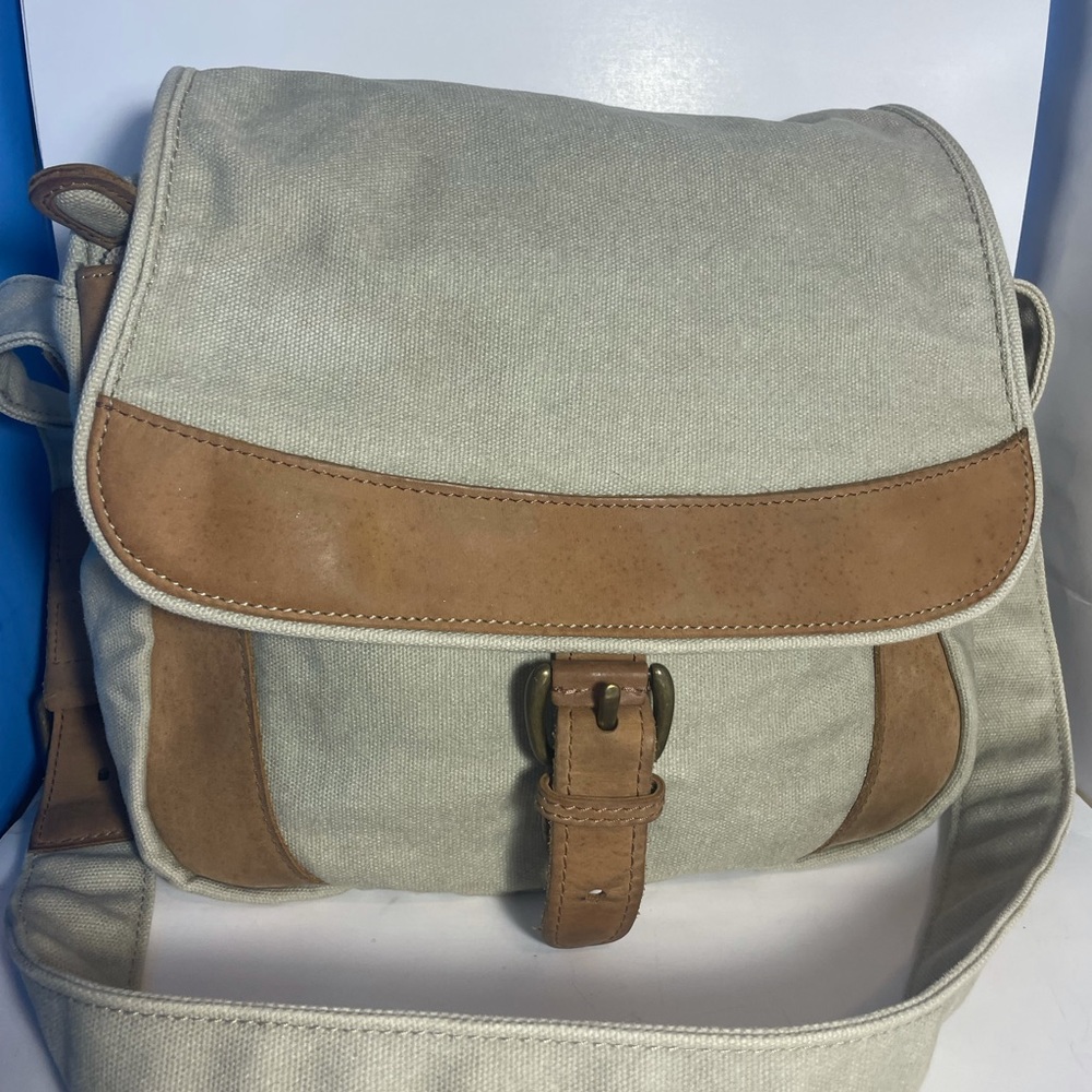 LL Bean Canvas And Leather Crossbody khaki Messenger Bag 12” x 10”